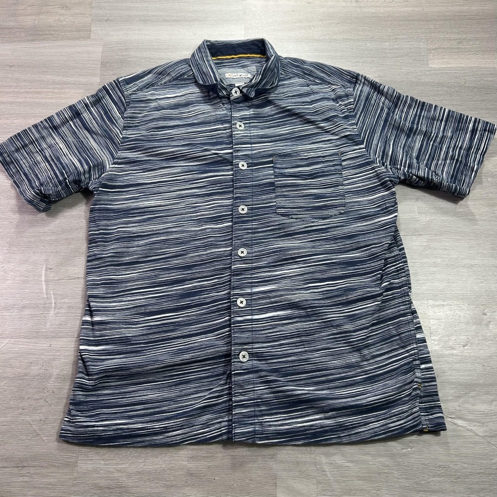 32 Bar Blues Shirt Mens Large Blue Striped Short Sleeve Button Up Casual Cotton